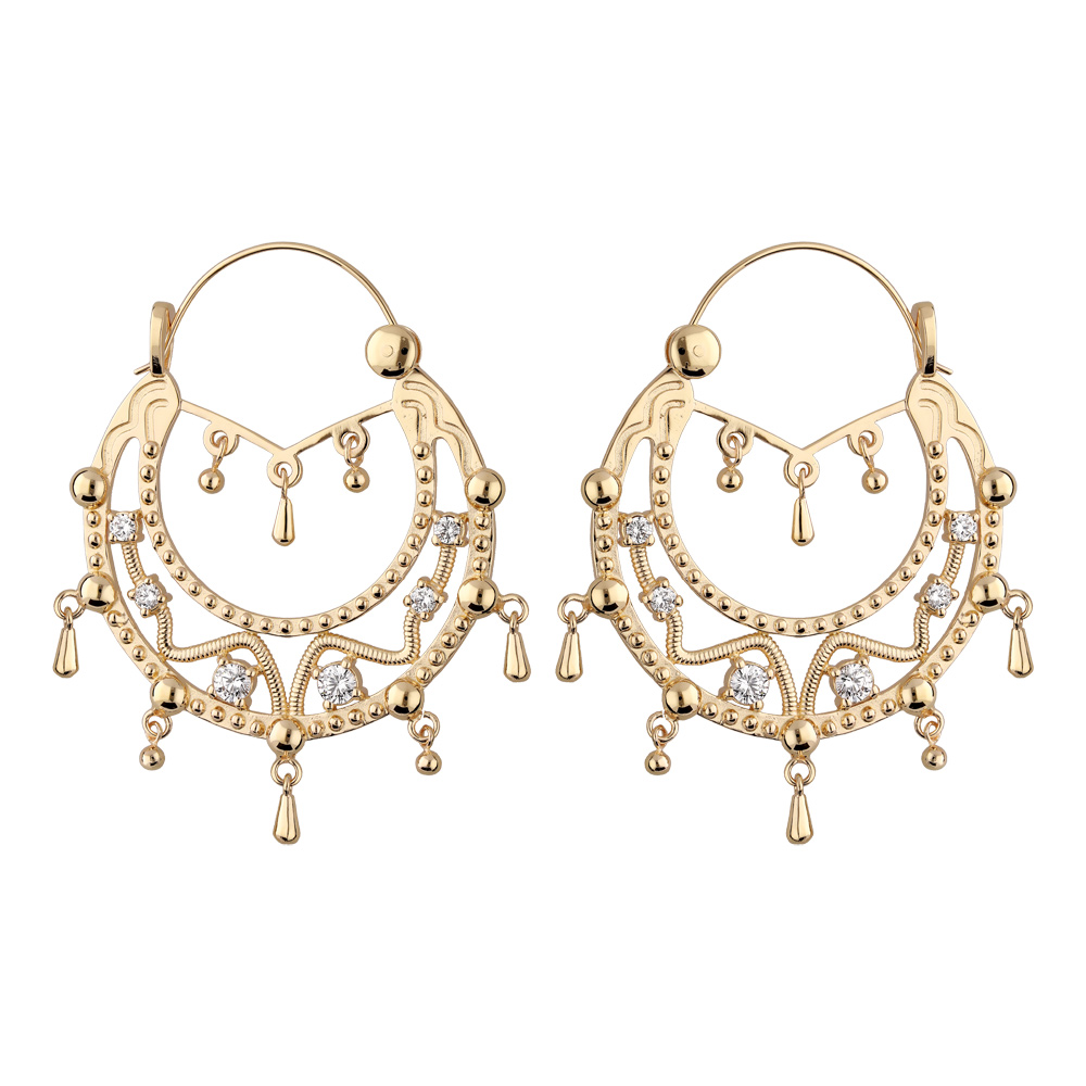 Cr�oles ethniques en plaqu� or avec cristals blancs avec cha�nette diam�tre 42mm - Vue 1