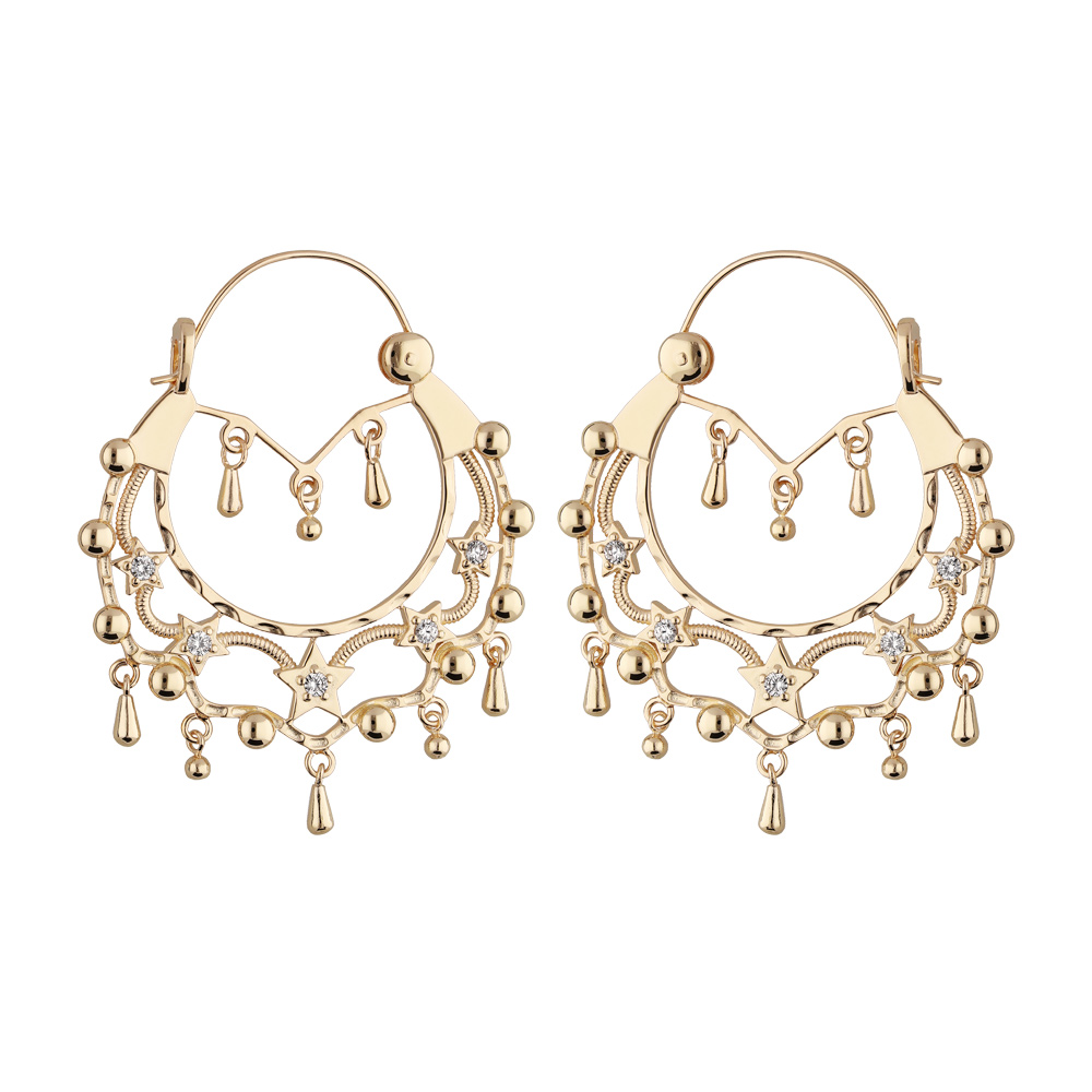 Cr�oles �thniques en plaqu� or avec cristals blancs diam�tre 45mm - Vue 1