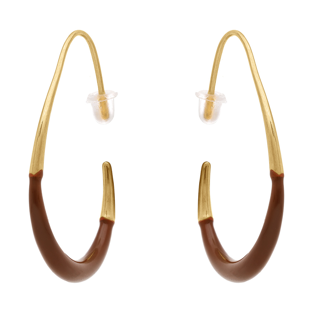 Cr�oles ovales en acier dor� r�sine maron - 37x33mm - Vue 1