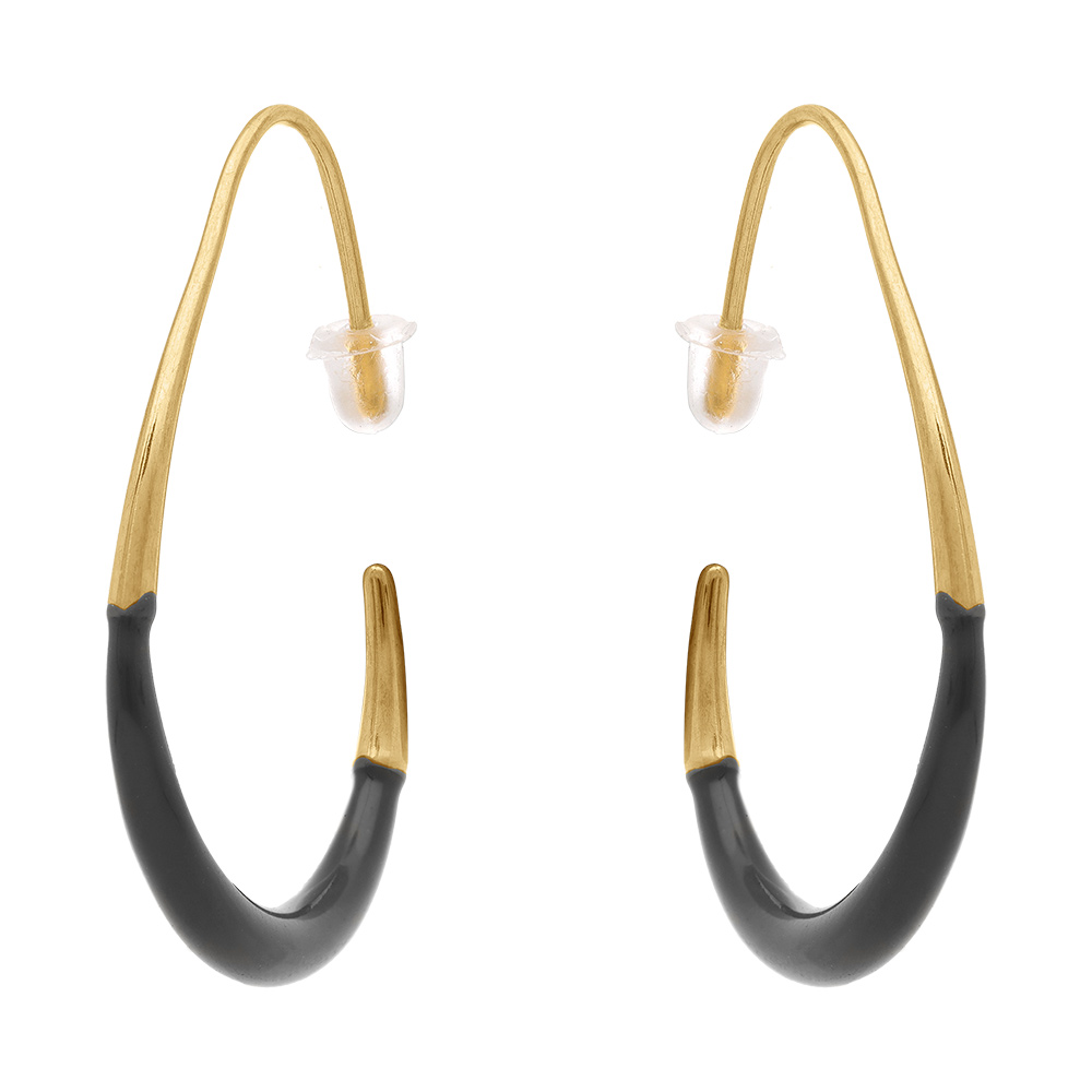 Cr�oles ovales en acier dor�  r�sine noire - 37x33mm - Vue 1