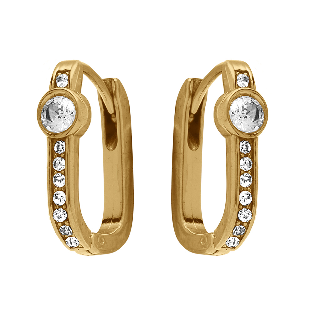 Cr�oles rectangulaires en acier dor� avec oxydes blancs sertis et un oxyde serti clos - 10mm - Vue 1