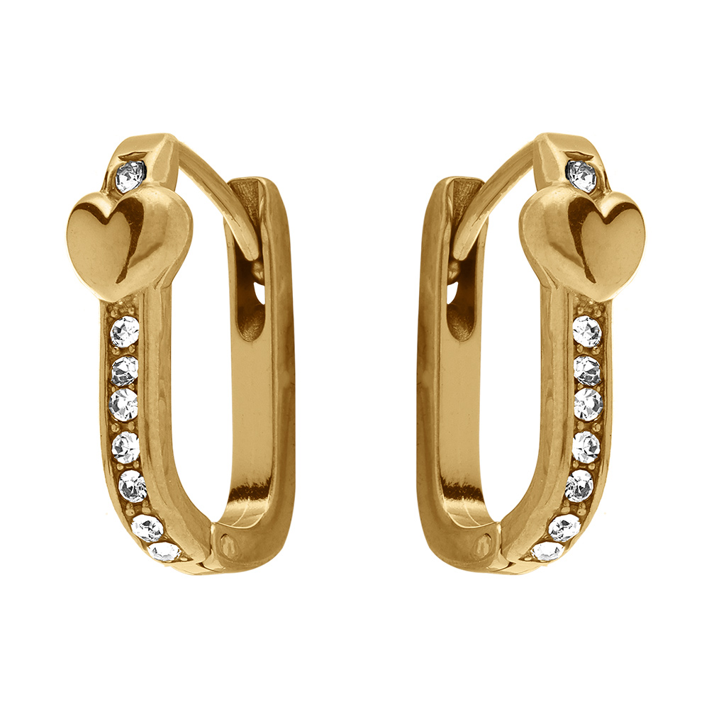 Cr�oles rectangulaires en acier dor� avec oxydes blancs sertis motif coeoeur - 10mm - Vue 1