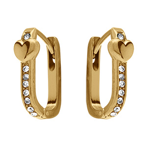 Cr�oles rectangulaires en acier dor� avec oxydes blancs sertis motif coeoeur - 10mm