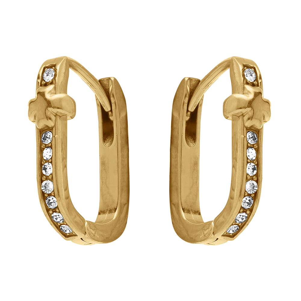 Cr�oles rectangulaires en acier dor� avec oxydes blancs sertis motif croix - 10mm - Vue 1