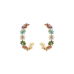 Créoles tige en acier doré avec fleurs résine multi couleurs - Vue 1