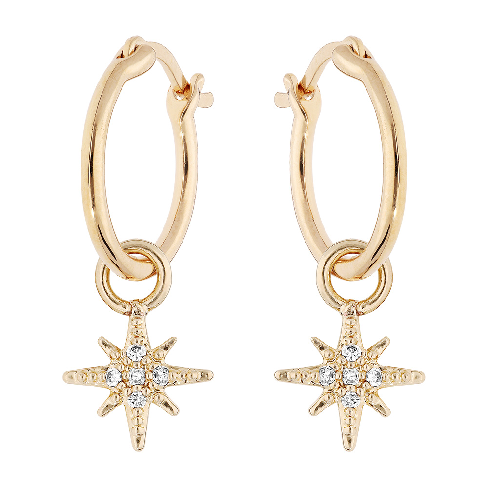 Cr�oles tige en vermeil cr�oles 12mm avec etoile pendante orn�e d\'oxydes blancs - Vue 1