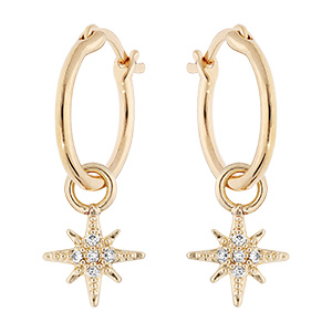 Cr�oles tige en vermeil cr�oles 12mm avec etoile pendante orn�e d'oxydes blancs