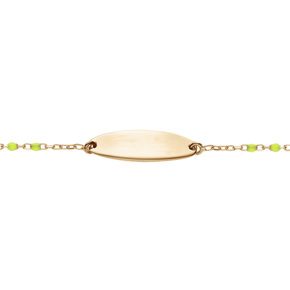 Gourmette bb plaque ovale argent et dorure jaune, rsine multicolore dgrad rose vert, rglable de 13cm  15cm - Vue 1