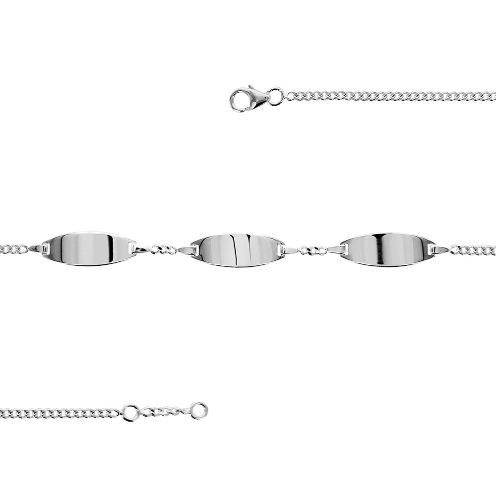 Gourmette en argent maille serre avec 3 plaques ovales - largeur 2mm et longueur 18cm + 1cm de rallonge - Vue 1