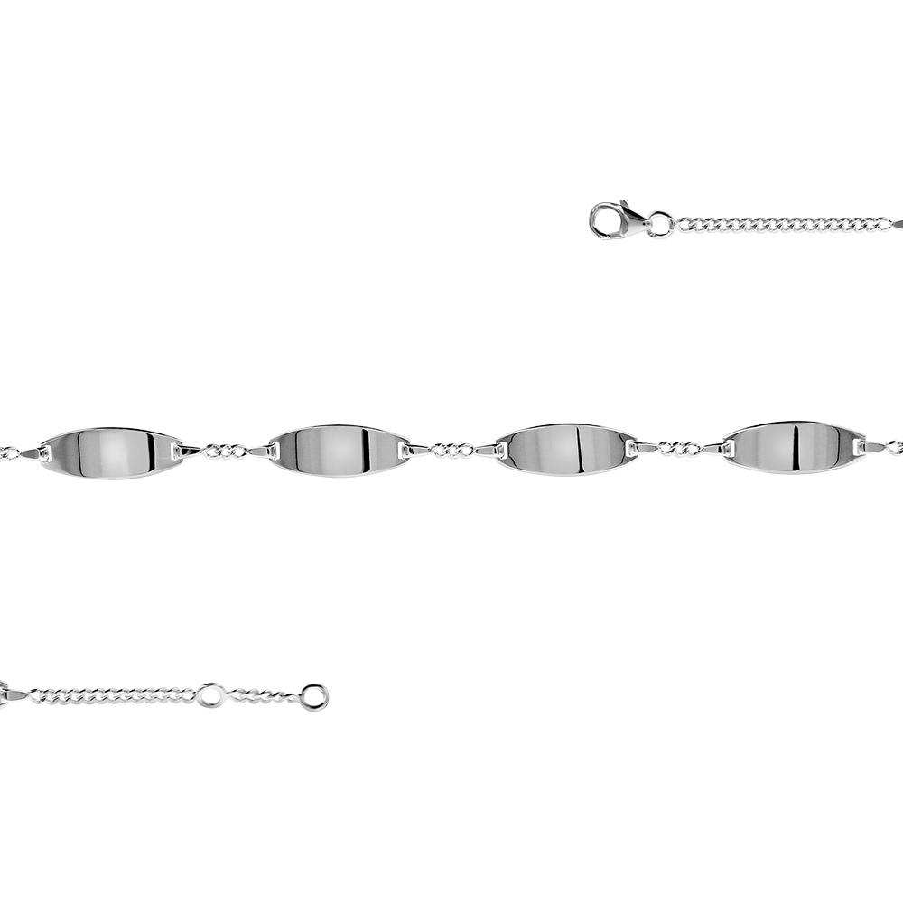 Gourmette en argent maille serre avec 4 plaques ovales - largeur 2mm et longueur 18cm + 1cm de rallonge - Vue 1