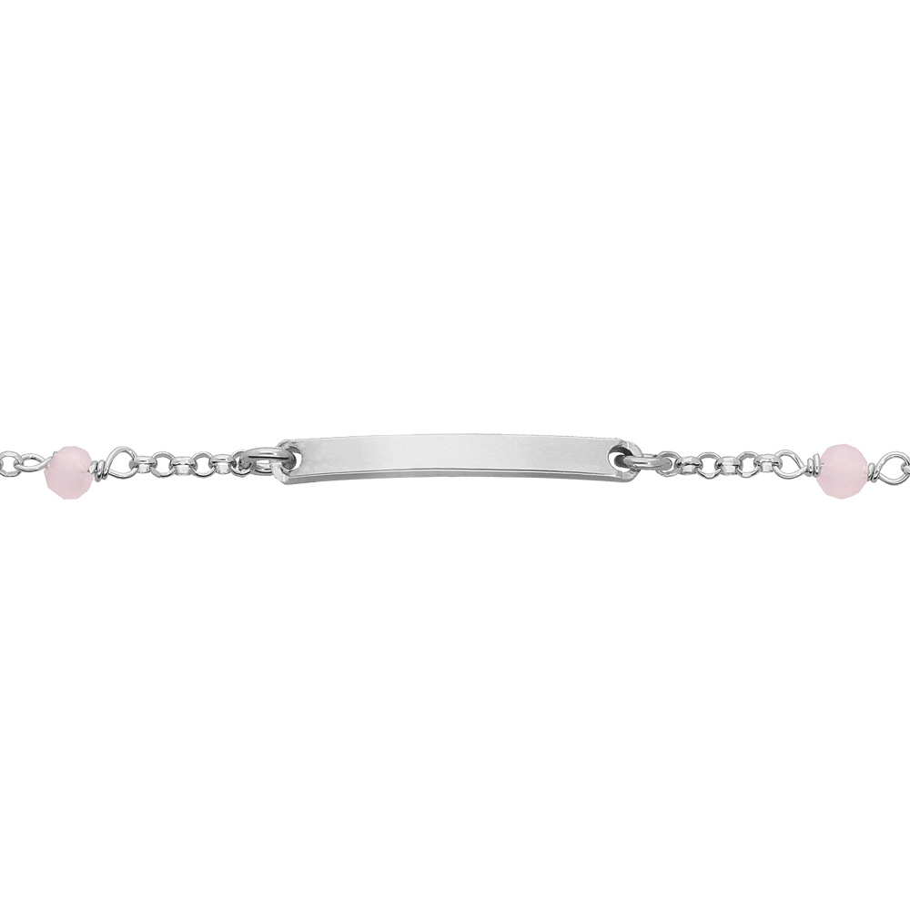 Gourmette en argent rhodi� maille fantaisie avec perles facett�es roses 15+2,5cm - Vue 1