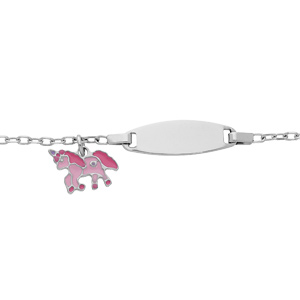 Gourmette enfant en argent rhodi avec plaque ovale et pampille licorne rose 13+2cm - Vue 1