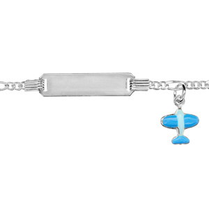 Gourmette pour bébé en argent maille figaro 1+3 avec pampille avion bleu - largeur 2mm et longueur 13cm + 2cm de rallonge - Vue 1