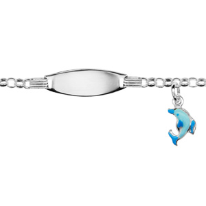 Gourmette pour bébé en argent maille jaseron avec plaque ovale et pampille dauphin bleu - largeur 2mm et longueur 13cm + 2cm de rallonge - Vue 1
