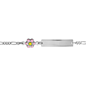Gourmette pour bébé en argent rhodié maille 1+3 avec fleur rose sur la chaîne - longueur 13cm + 2cm de rallonge - Vue 1