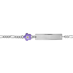 Gourmette pour bébé en argent rhodié maille 1+3 avec fleur violette sur la chaîne - longueur 13cm + 2cm de rallonge - Vue 1