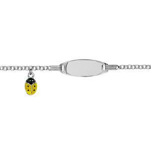 Gourmette pour bb en argent rhodi maille ronde et plaque ovale avec pampille coccinelle jaune 13+2cm - Vue 1