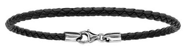 Bracelet en cuir noir tress pour charms et fermoir en argent rhodi - longueur 19,5cm