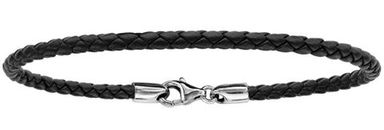 Bracelet en cuir noir tress pour charms et fermoir en argent rhodi - longueur 21cm