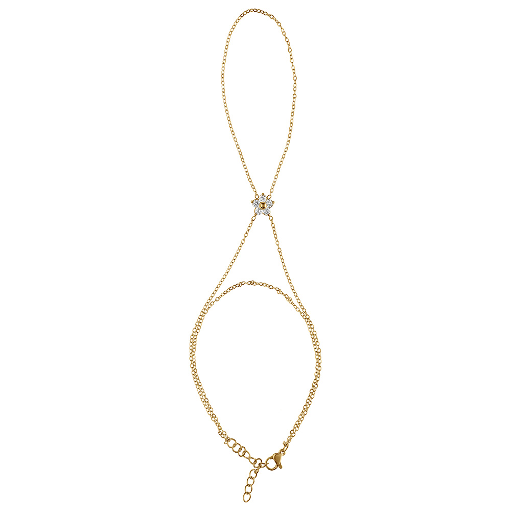 Parure de main en acier dor� double 1 rail d\'oxydes blancs serti et fleur d\'oxydes blancs - 22.5+3cm - Vue 1