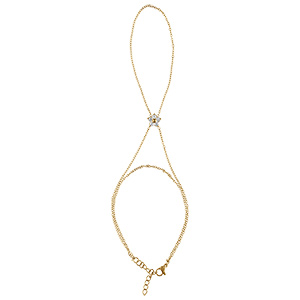 Parure de main en acier dor� double 1 rail d'oxydes blancs serti et fleur d'oxydes blancs - 22.5+3cm