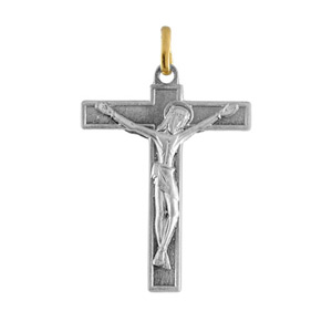 Pendentif acier et or grande croix avec Christ - Vue 1