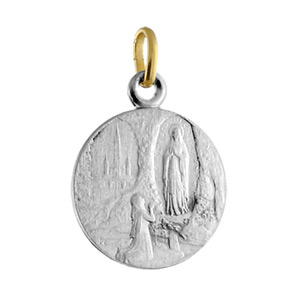 Pendentif acier et or médaille 16mm Lourdes - Vue 1