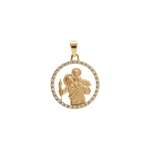 Pendentif argent doré rond 18mm saint-Christophe contour oxydes blancs sertis Pendentif argent doré rond 18mm saint-Christophe contour oxydes blancs sertis