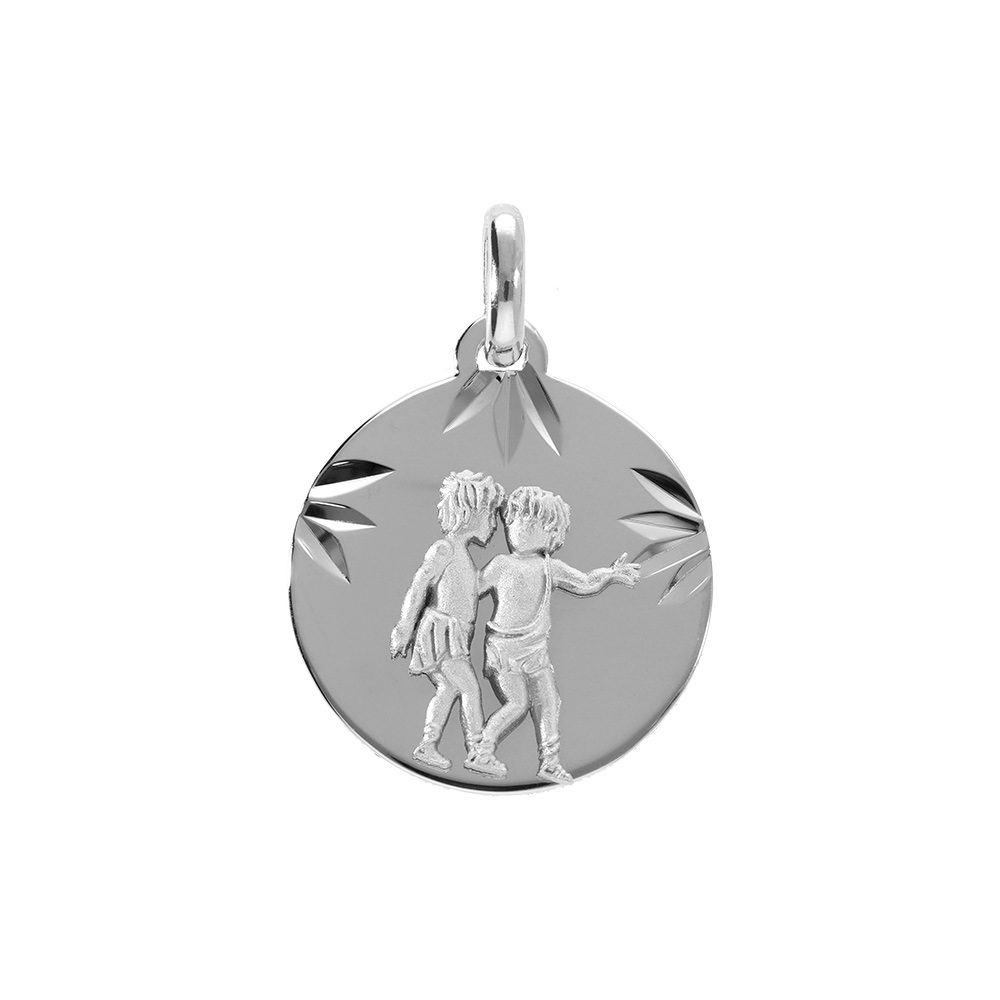Pendentif argent rhodi� m�daille 15mm diamant�e zodiaque gemeaux - Vue 1