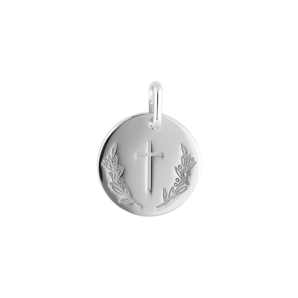 Pendentif argent rhodi� m�daille ronde 15mm avec croix et rameau - Vue 1