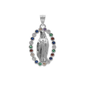 Pendentif argent rhodi ovale vierge Lourdes avec oxydes multi couleurs - Vue 1