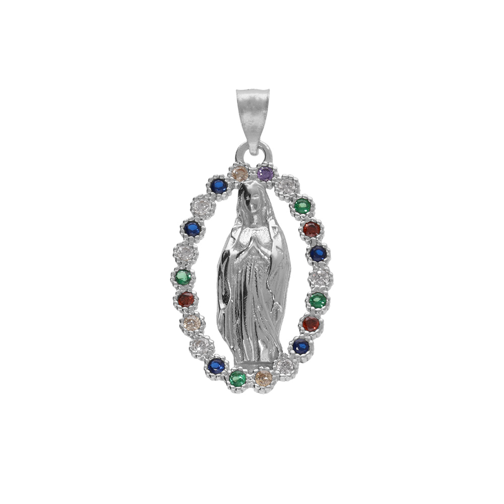 Pendentif argent rhodi� ovale vierge Lourdes avec oxydes multi couleurs - 18X12 - Vue 1