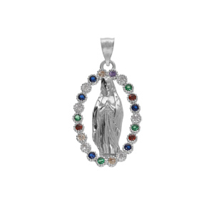 Pendentif argent rhodi ovale vierge Lourdes avec oxydes multi couleurs - 18X12 - Vue 1