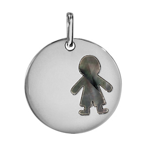 Pendentif argent rhodié rond 25mm motif garçon nacre noire véritable - Vue 1
