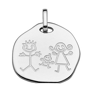 Pendentif argent rhodié rond irrégulier et dessin enfant - Vue 1