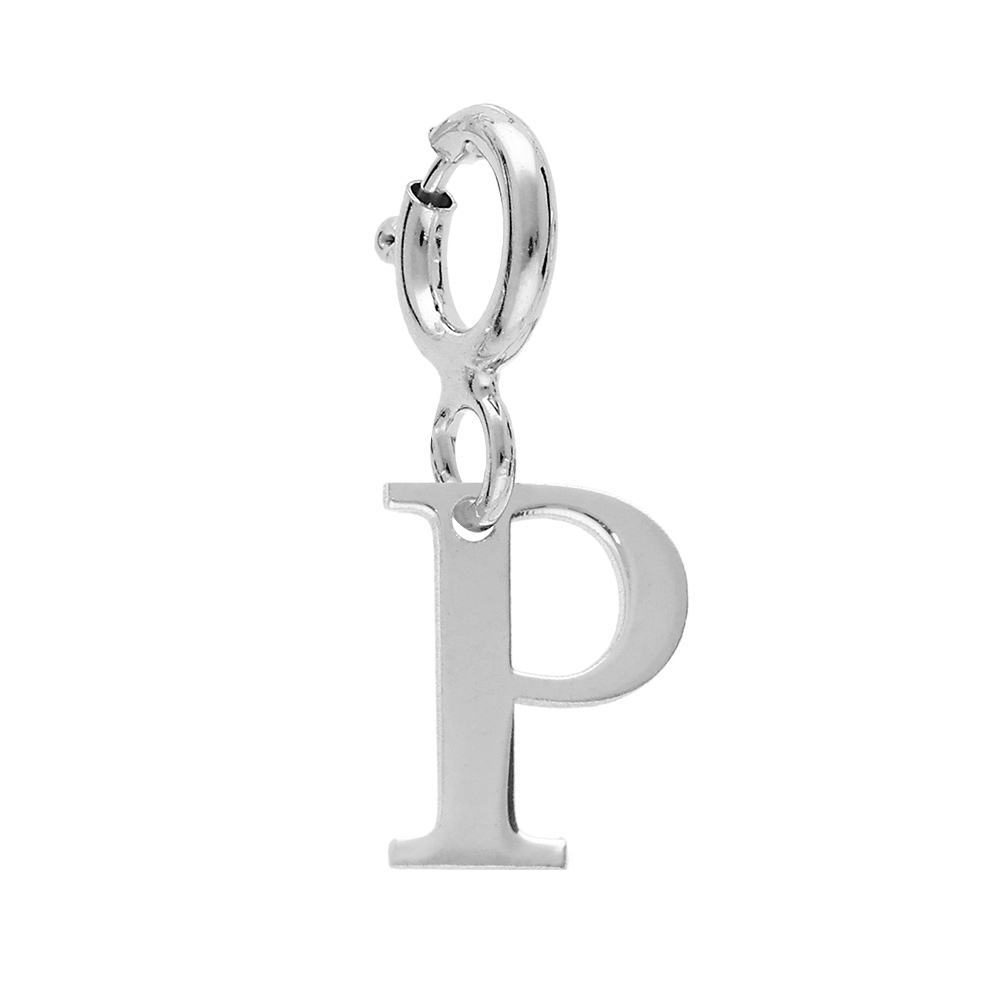 Pendentif Charms en argent rhodi� initiale lettre P sur fermoir anneau ressort - Vue 1