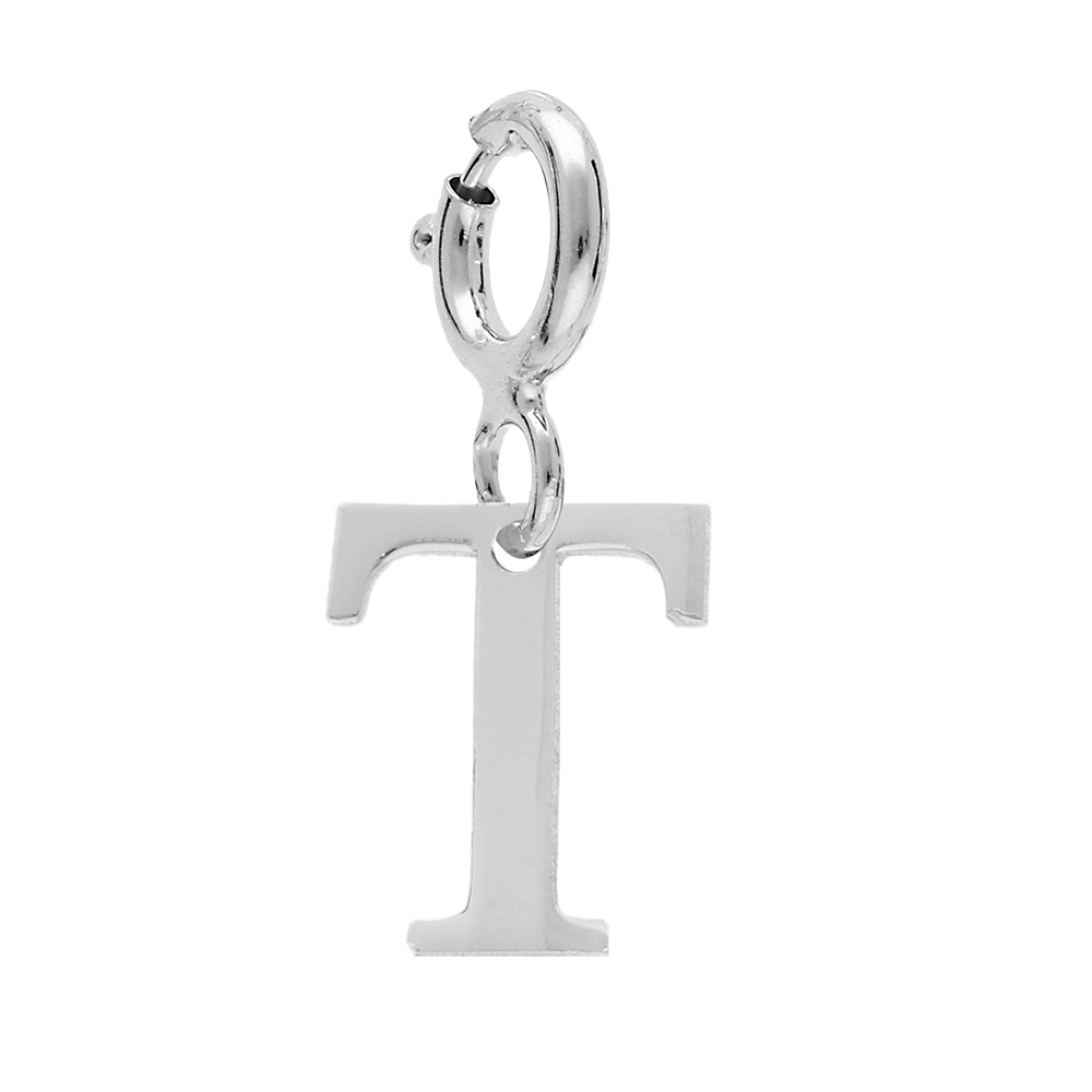 Pendentif Charms en argent rhodi� initiale lettre T sur fermoir anneau ressort - Vue 1