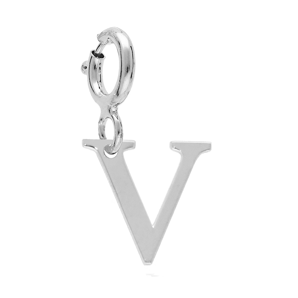Pendentif Charms en argent rhodi� initiale lettre V sur fermoir anneau ressort - Vue 1
