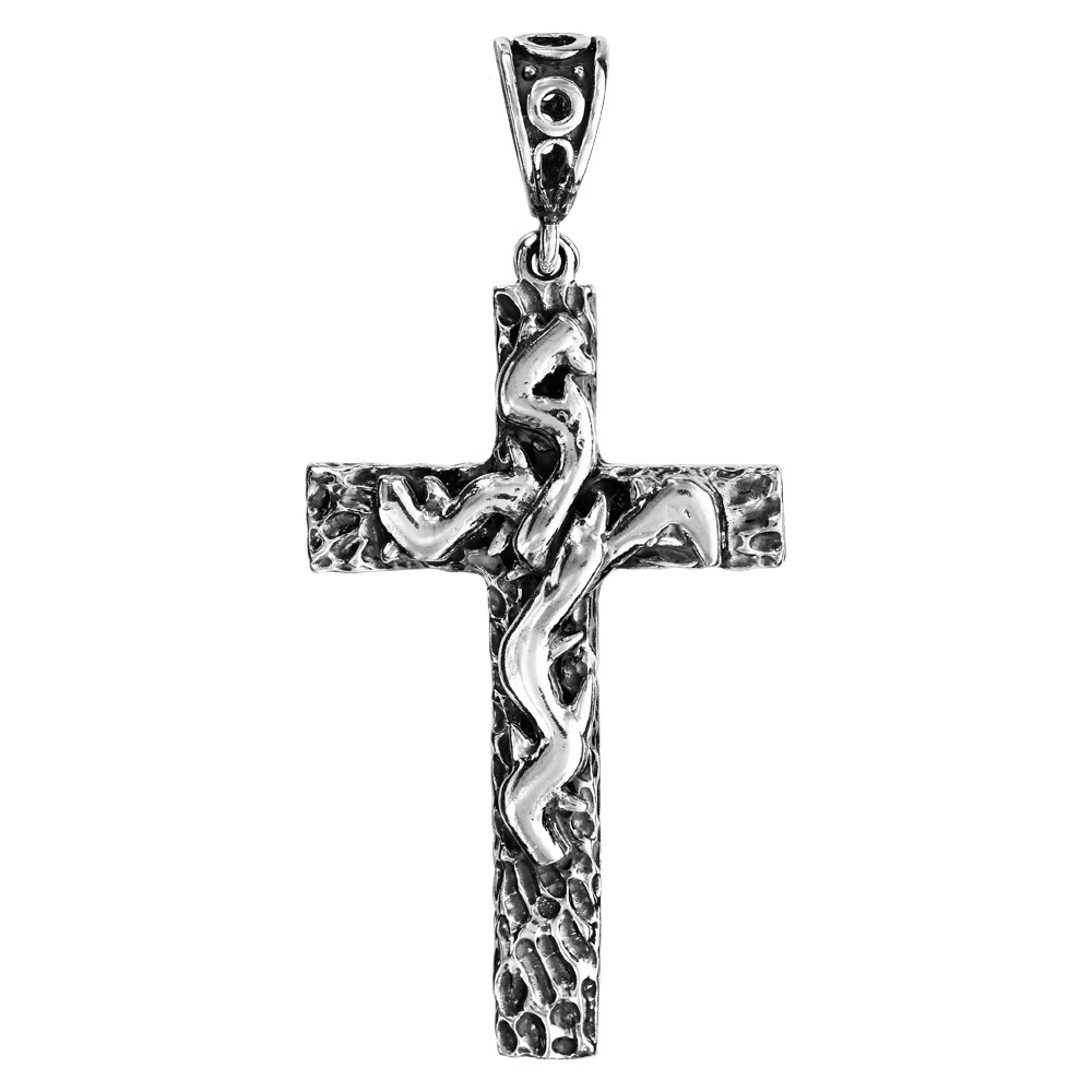 Pendentif croix en argent massif patin�e avec motifs en relief - Vue 1
