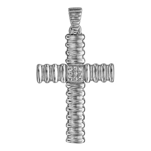 Pendentif croix en argent rhodié avec bourrelets et oxydes blancs sertis en carré au centre - Vue 1