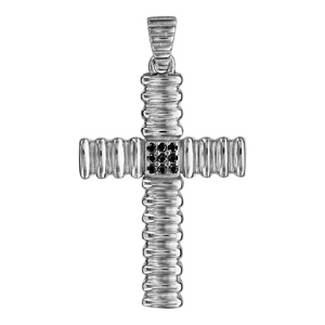 Pendentif croix en argent rhodié avec bourrelets et oxydes noirs sertis en carré au centre - Vue 1