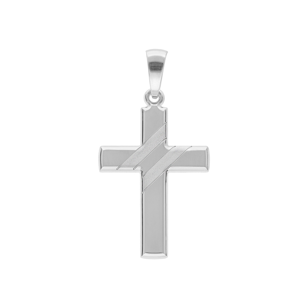 Pendentif croix en argent rhodi avec larges stries en travers - Vue 1