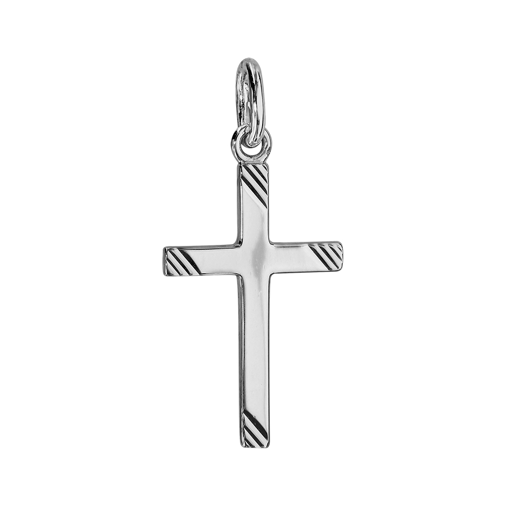 Pendentif croix en argent rhodi� avec stries aux extr�mit�s - 20X12mm - Vue 1
