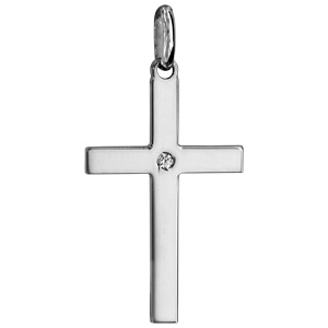 Pendentif croix en argent rhodié grand modèle avec 1 oxyde blanc serti au centre - Vue 1
