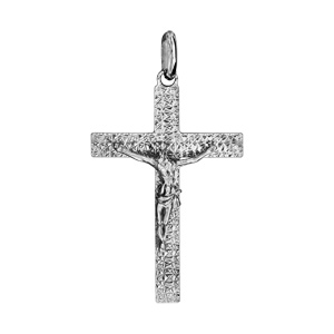 Pendentif croix en argent rhodi� J�sus Christ sur la croix grand mod�le diamant� - 35mm X 24mm