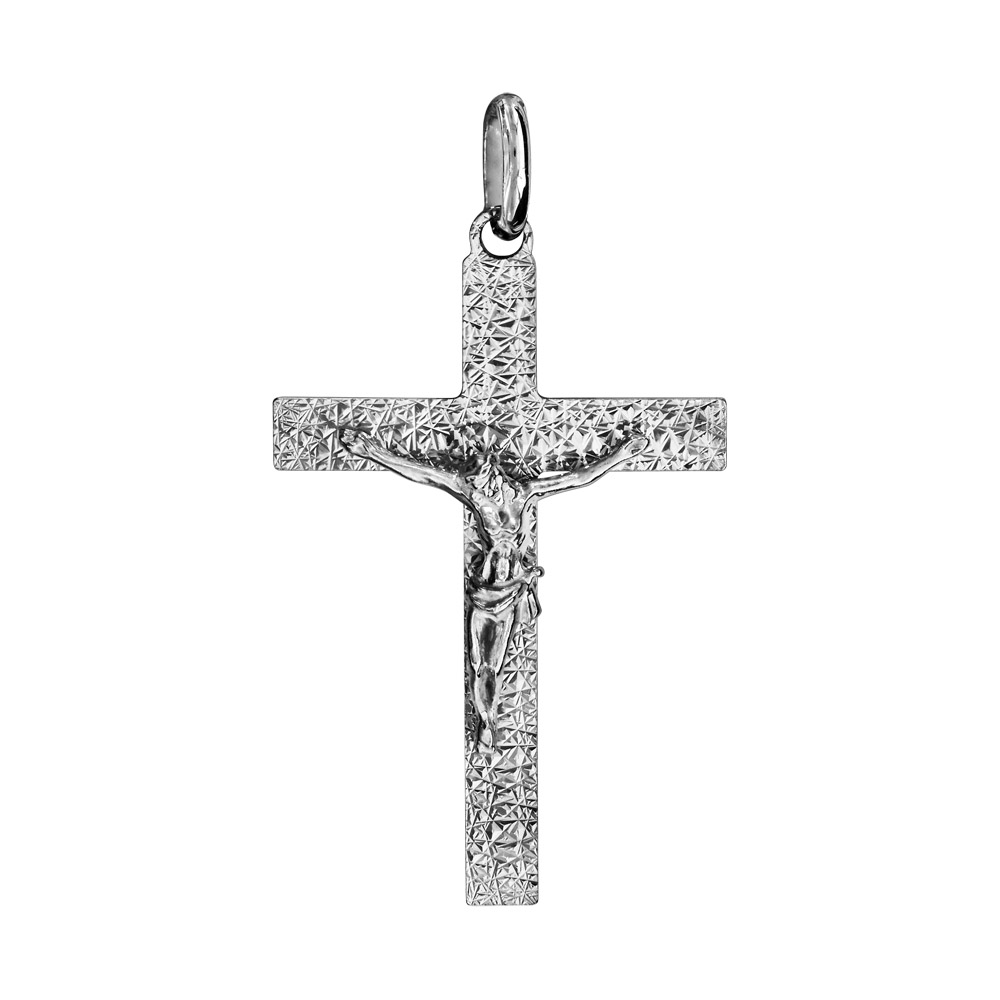 Pendentif croix en argent rhodi� j�sus sur la croix grand mod�le diamant� -  35mm X 24mm - Vue 1