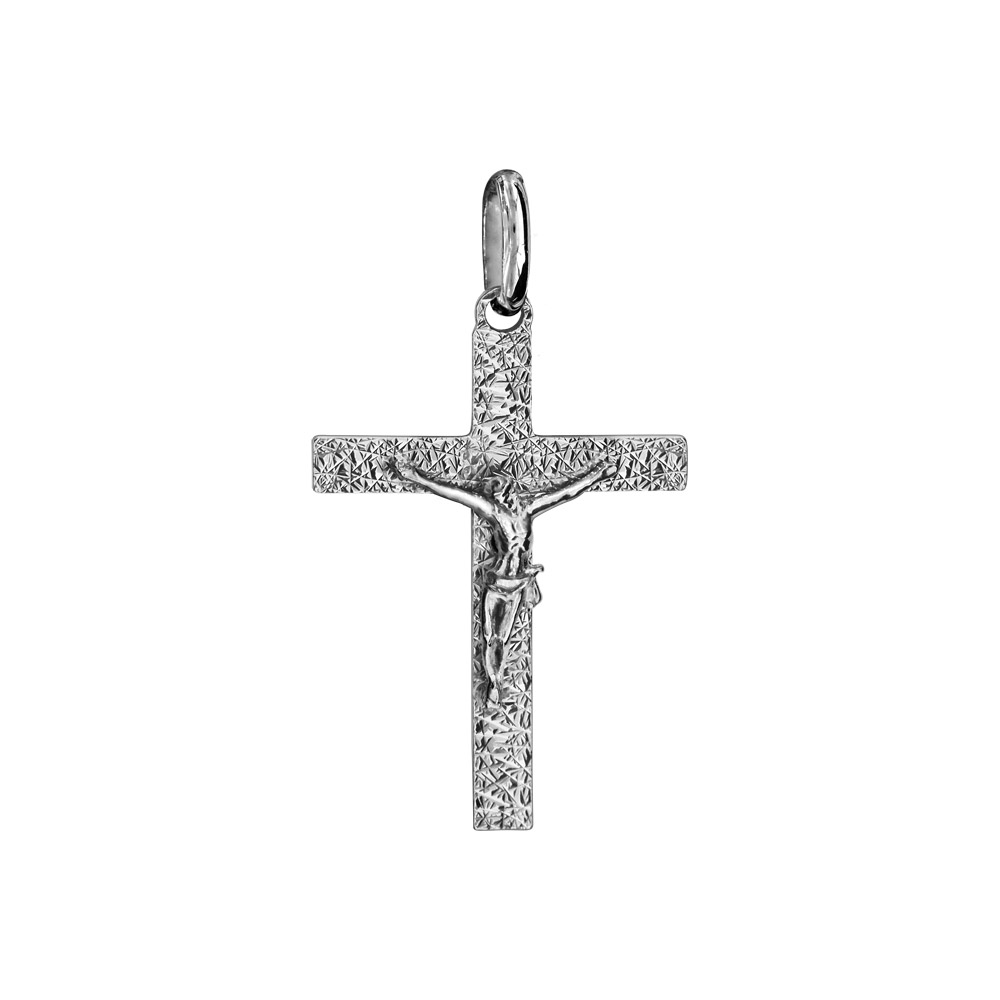 Pendentif croix en argent rhodi� j�sus sur la croix moyen mod�le diamant� - 29mm X 19mm - Vue 1