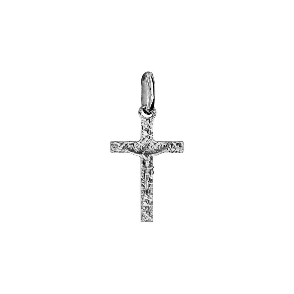 Pendentif croix en argent rhodi� j�sus sur la croix petit mod�le diamant� -22mm X 13mm - Vue 1