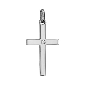 Pendentif croix en argent rhodi moyen modle avec 1 oxyde blanc serti au centre - Vue 1