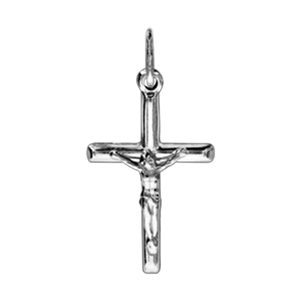 Pendentif croix en argent rhodi� ouvrag�e avec J�sus Christ - 29mm X 17mm - Vue 1